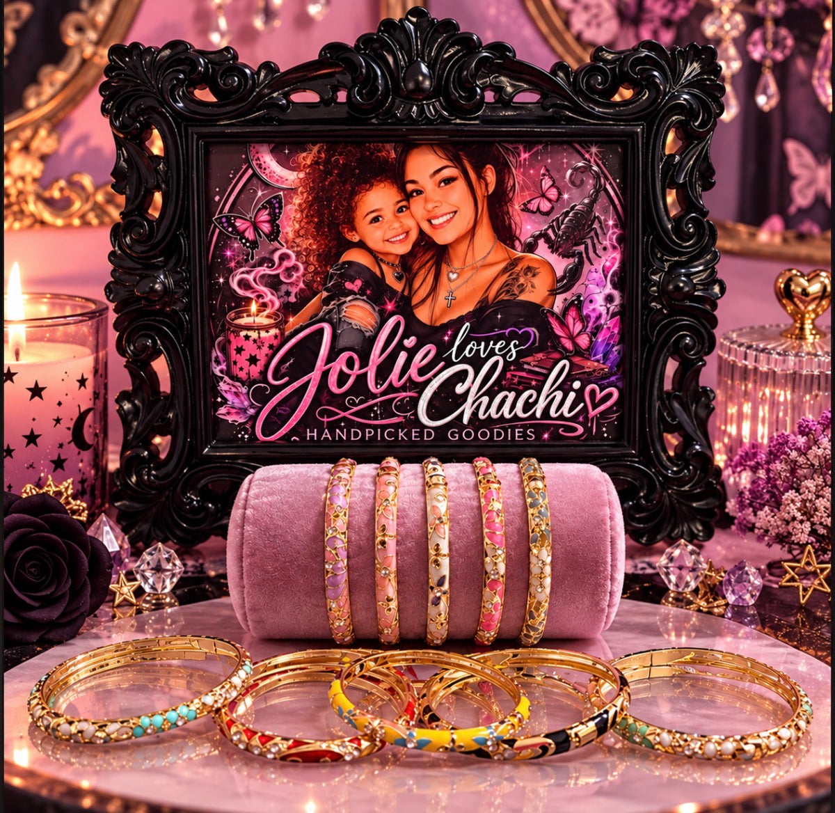Colorful floral enamel gold-tone bangles displayed on pink velvet with Jolie Loves Chachi branding